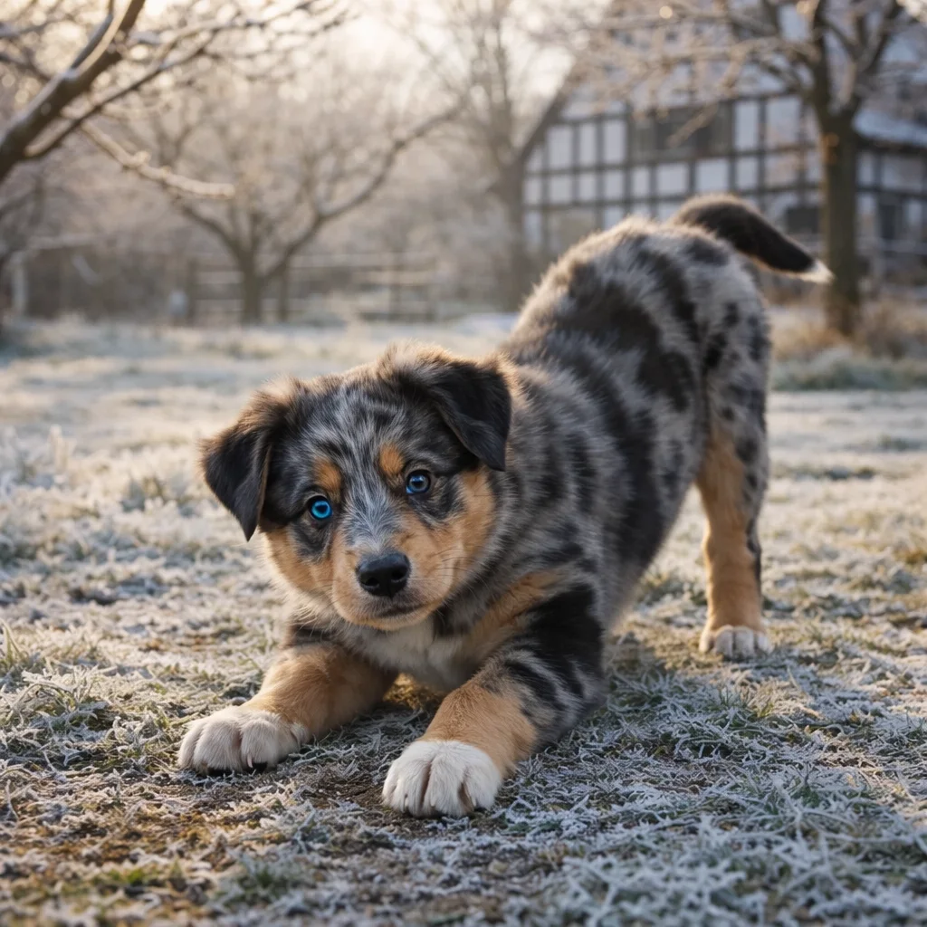 Australian Shepherd Welpe Haviel – Der spielbereite Bogen im frostigen Garten