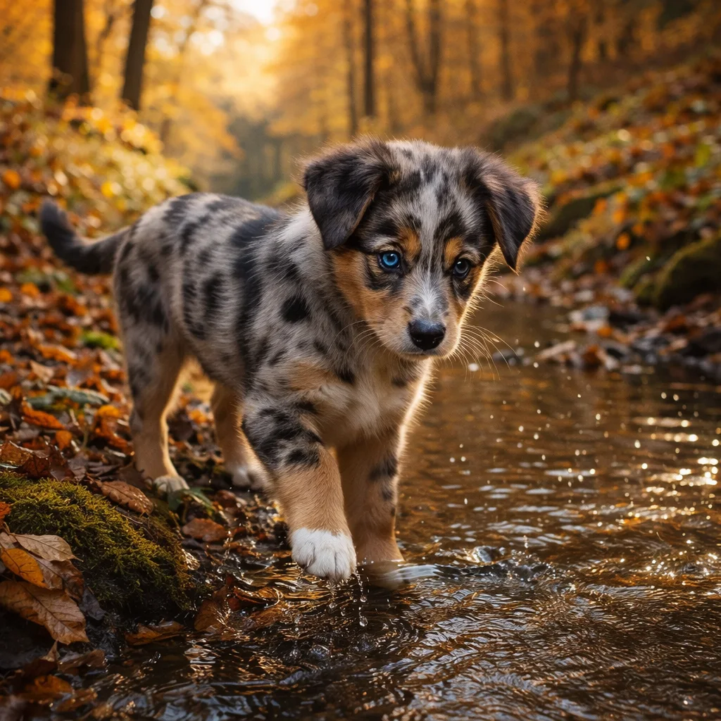 Australian Shepherd Welpe Haviel – Neugier am versteckten Waldbach