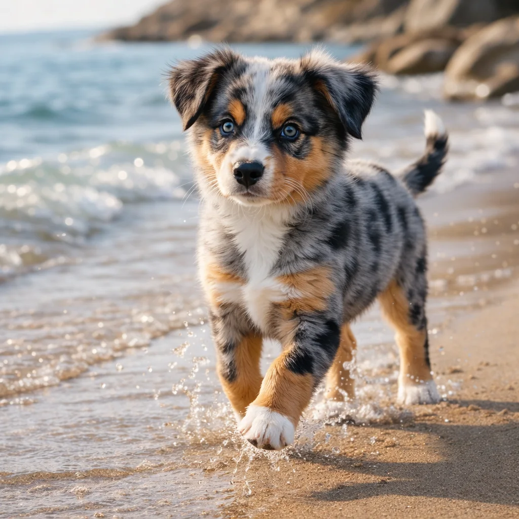 Australian Shepherd Welpe Iskaro – Spritzige Entdeckung am Strandrand