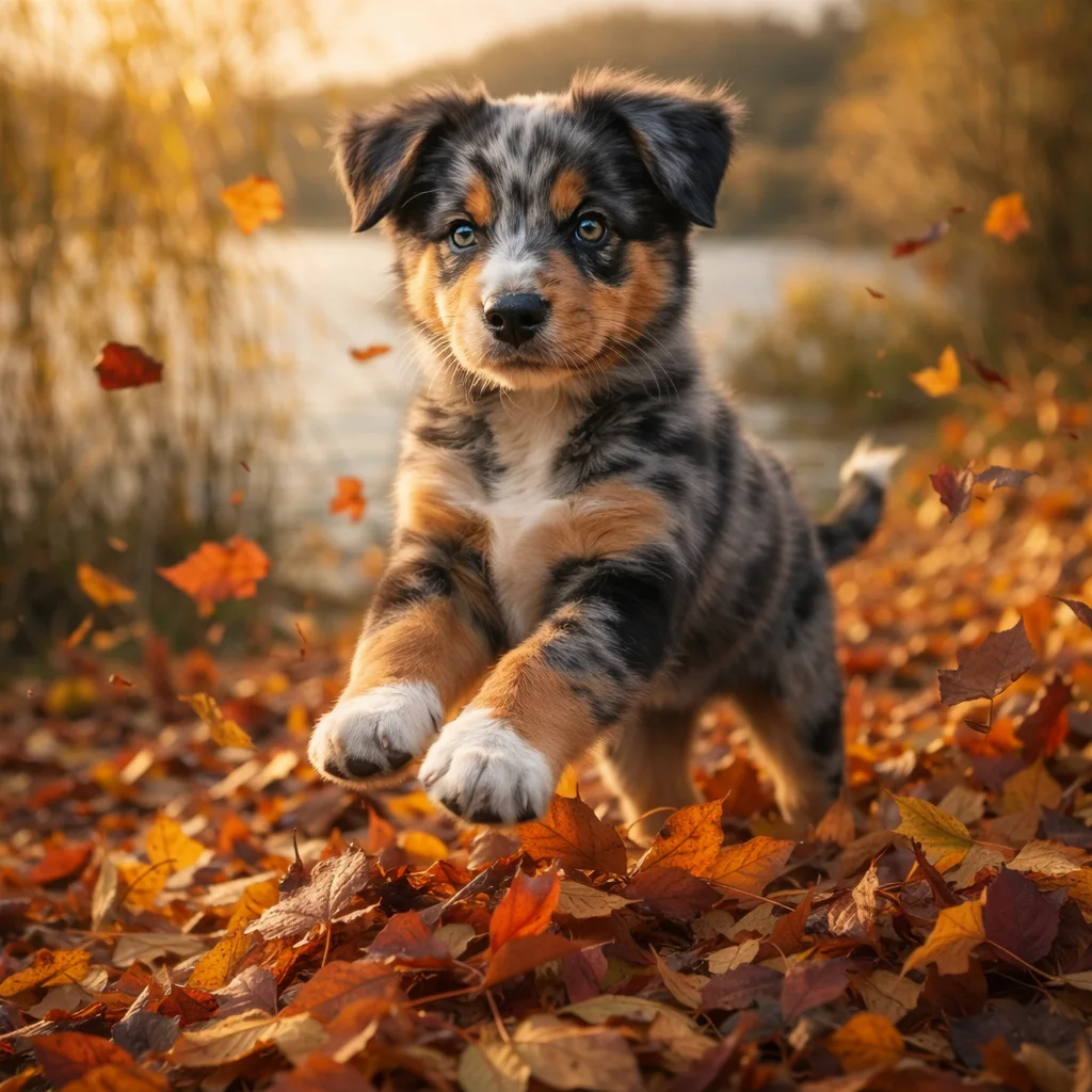 Australian Shepherd Welpe Iskaro – Tanz der bunten Blätter