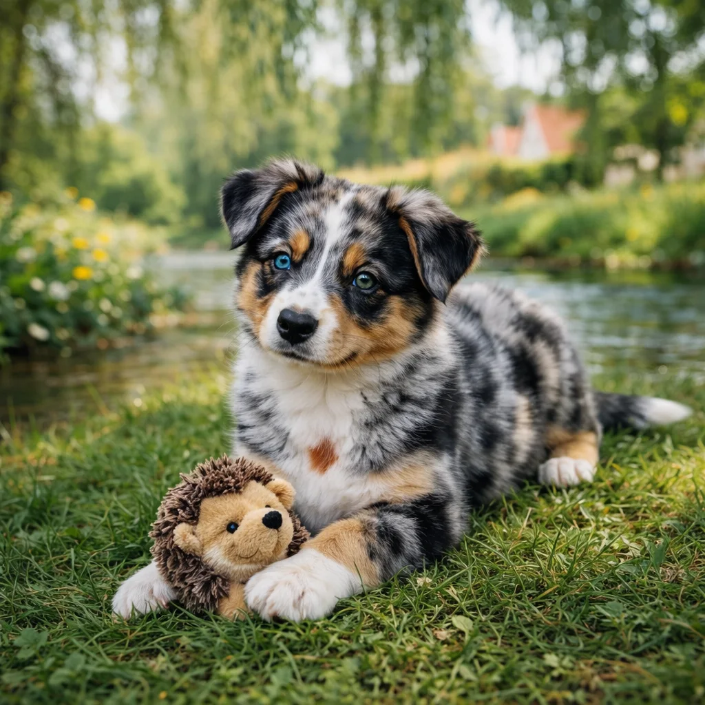 Australian Shepherd Welpe Quivara – Das stille Festhalten am kleinen Stofftier