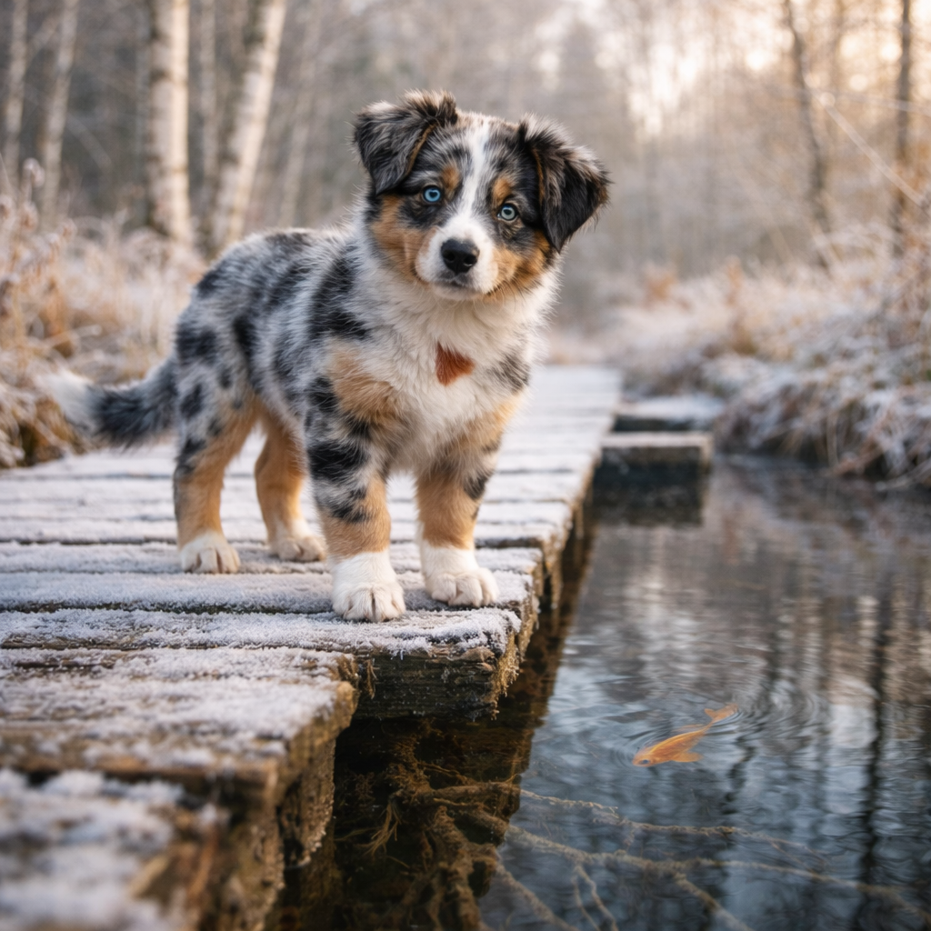 Australian Shepherd Welpe Quivara – Neugier am stillen Waldbach