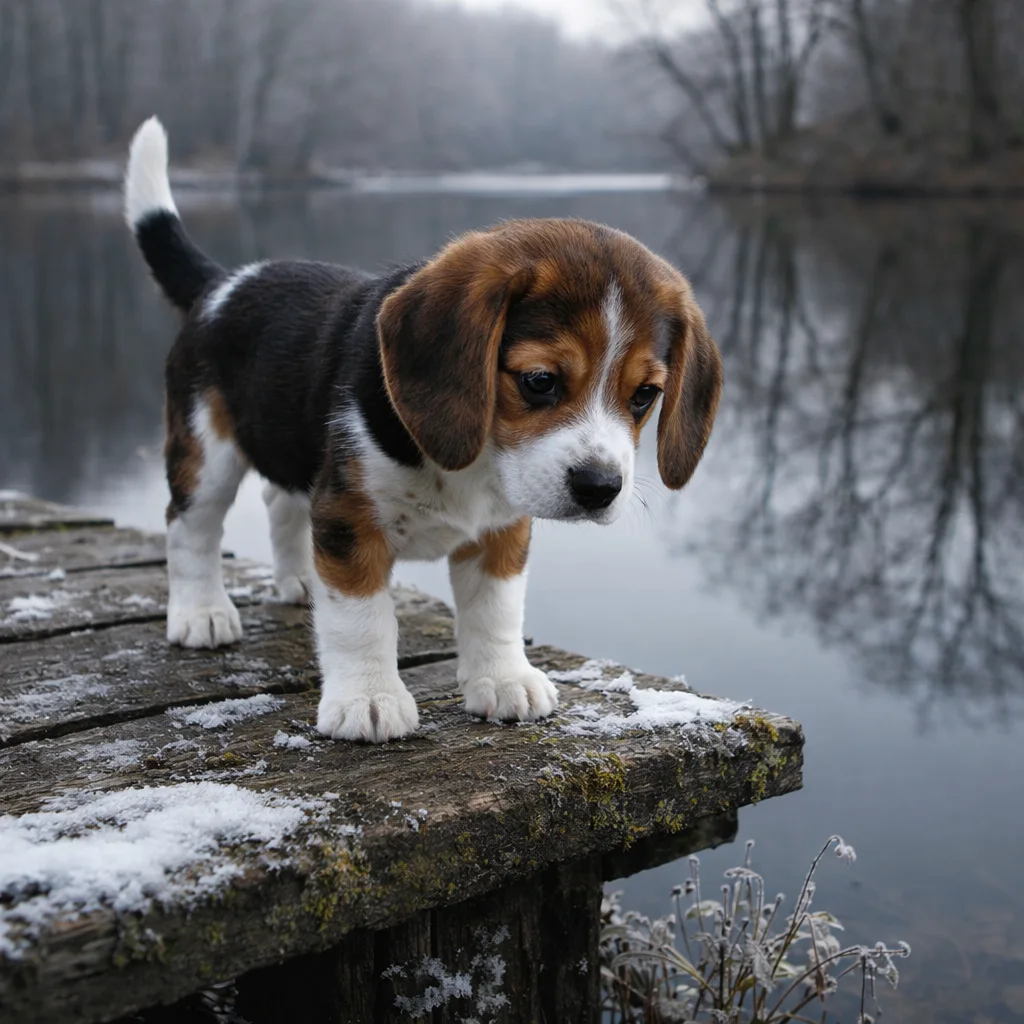 Beagle Welpe Kiplin – Neugier am stillen Waldsee