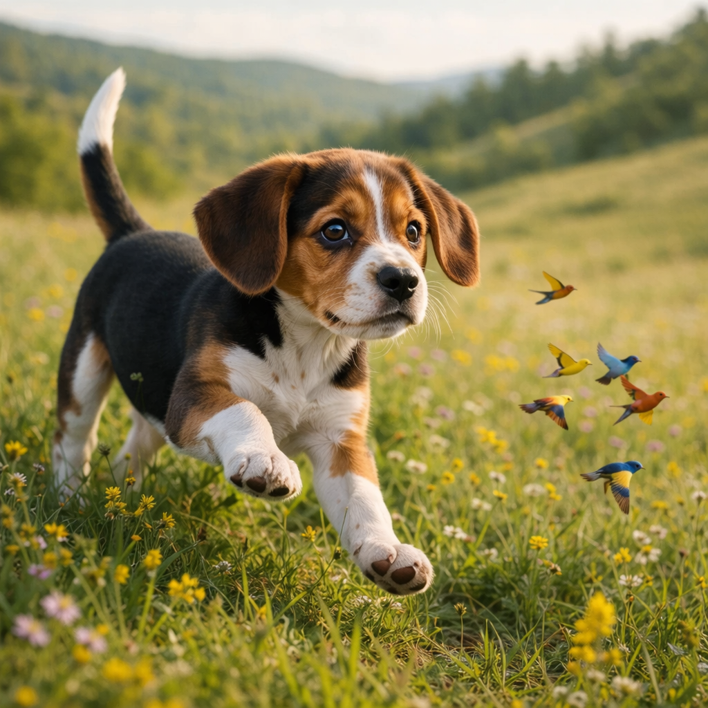 Beagle Welpe Kiplin – Neugier auf flatternde Freunde
