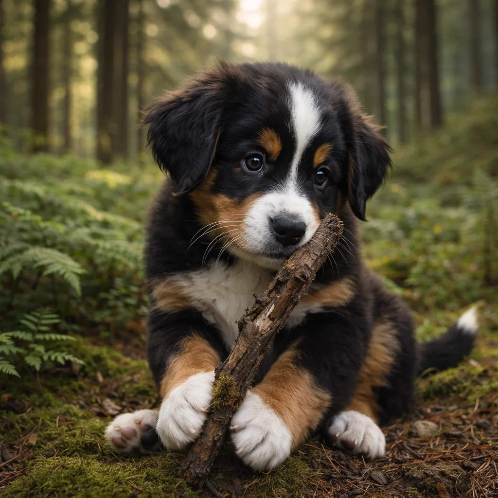 Berner Sennenhund Welpe Flöckchen – Neugier im Schatten der Fichten