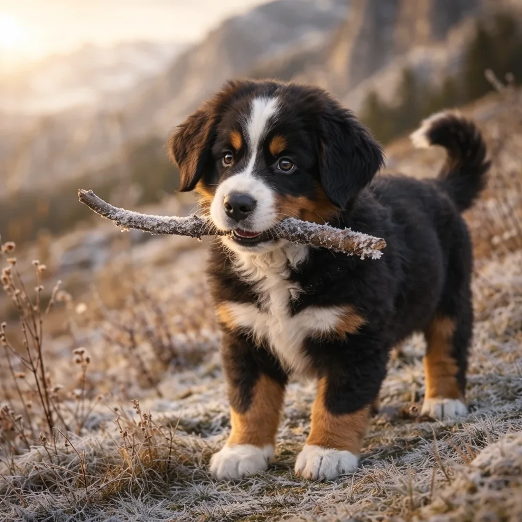 Berner Sennenhund Welpe Jorin – Der knorrige Stock am frostigen Hang