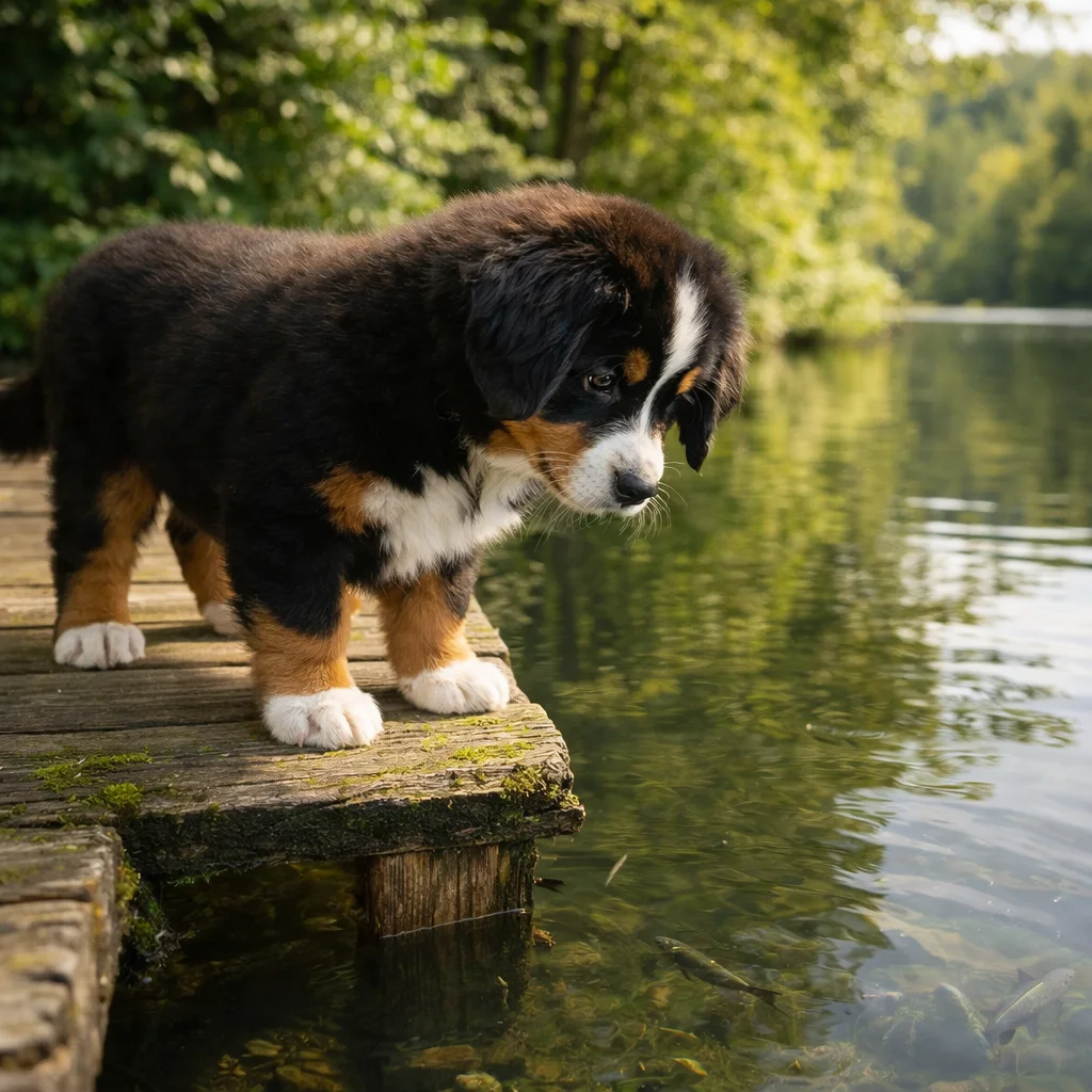 Berner Sennenhund Welpe Jorin – Der stille Blick ins klare Wasser