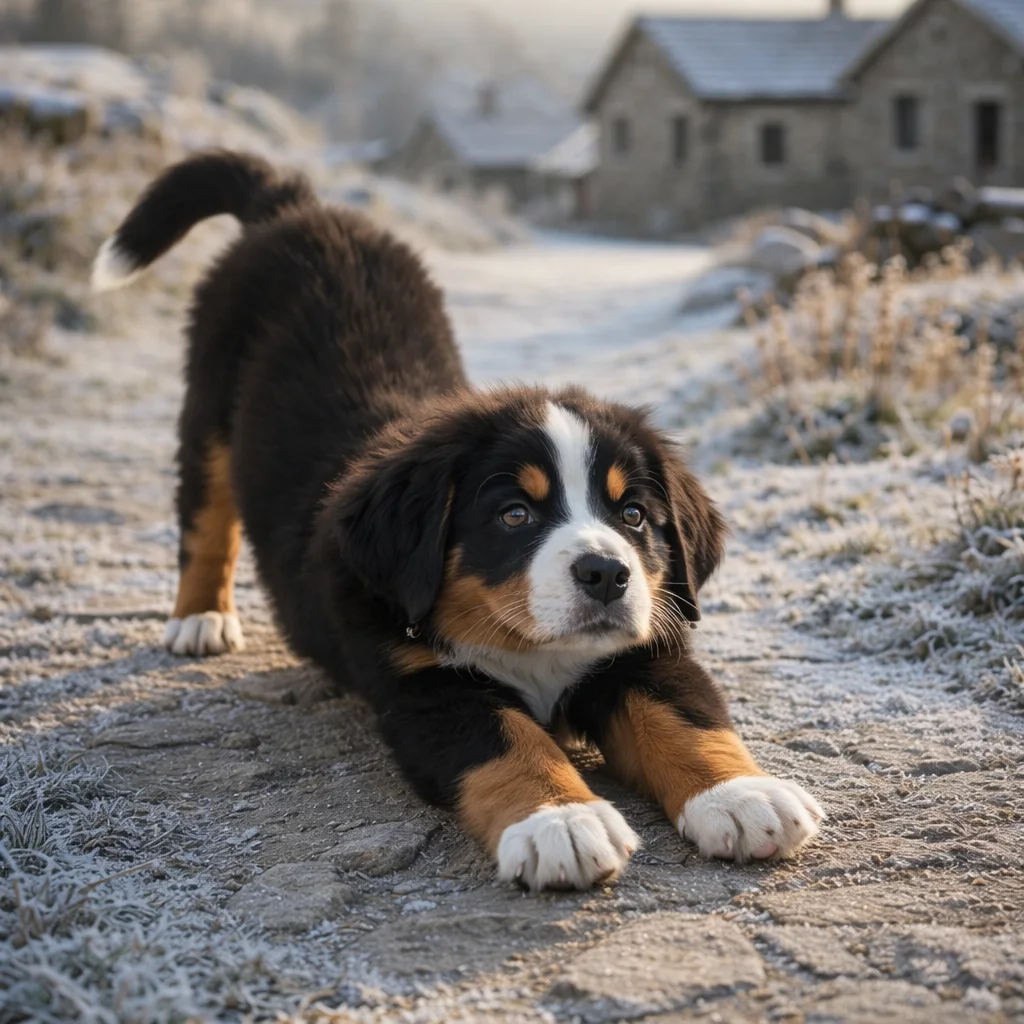 Berner Sennenhund Welpe Orvian – Das ausgedehnte Strecken auf dem frostigen Weg