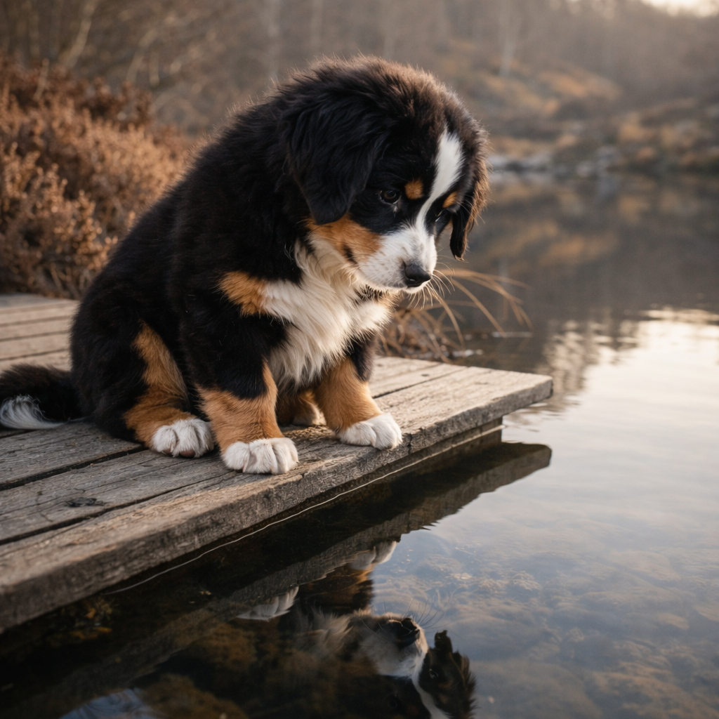 Berner Sennenhund Welpe Orvian – Stille Beobachtung am spiegelnden See