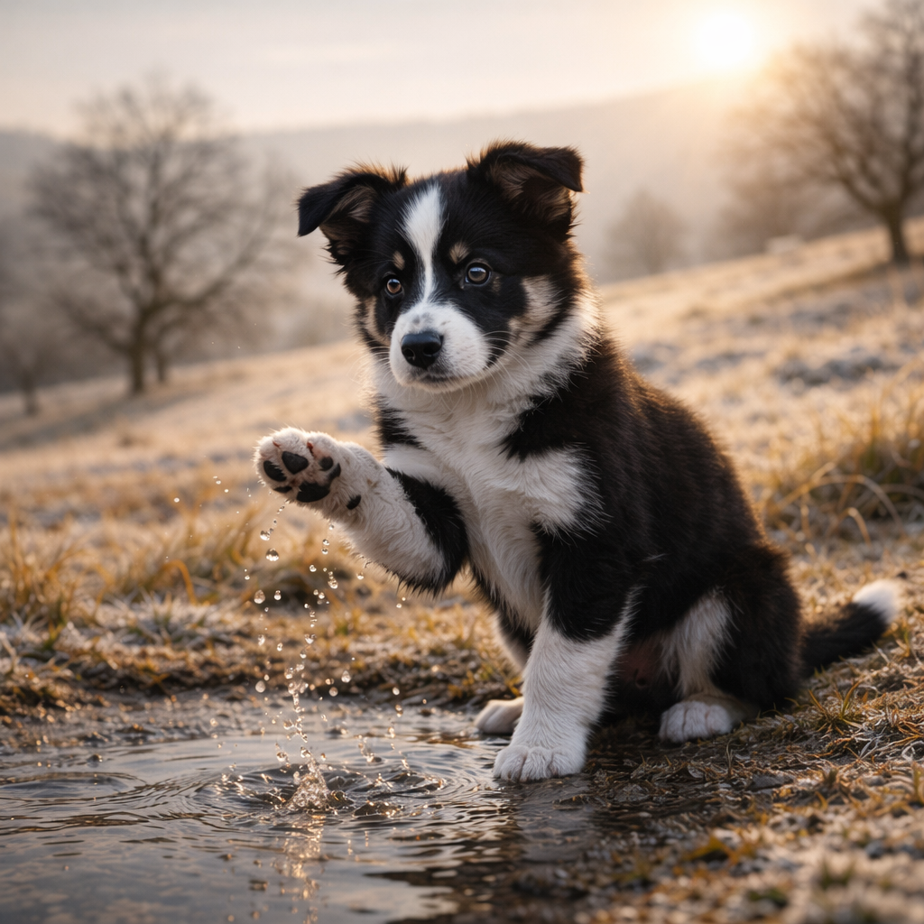 Border Collie Welpe Caldena – Caldenas erstes Pfützenvergnügen