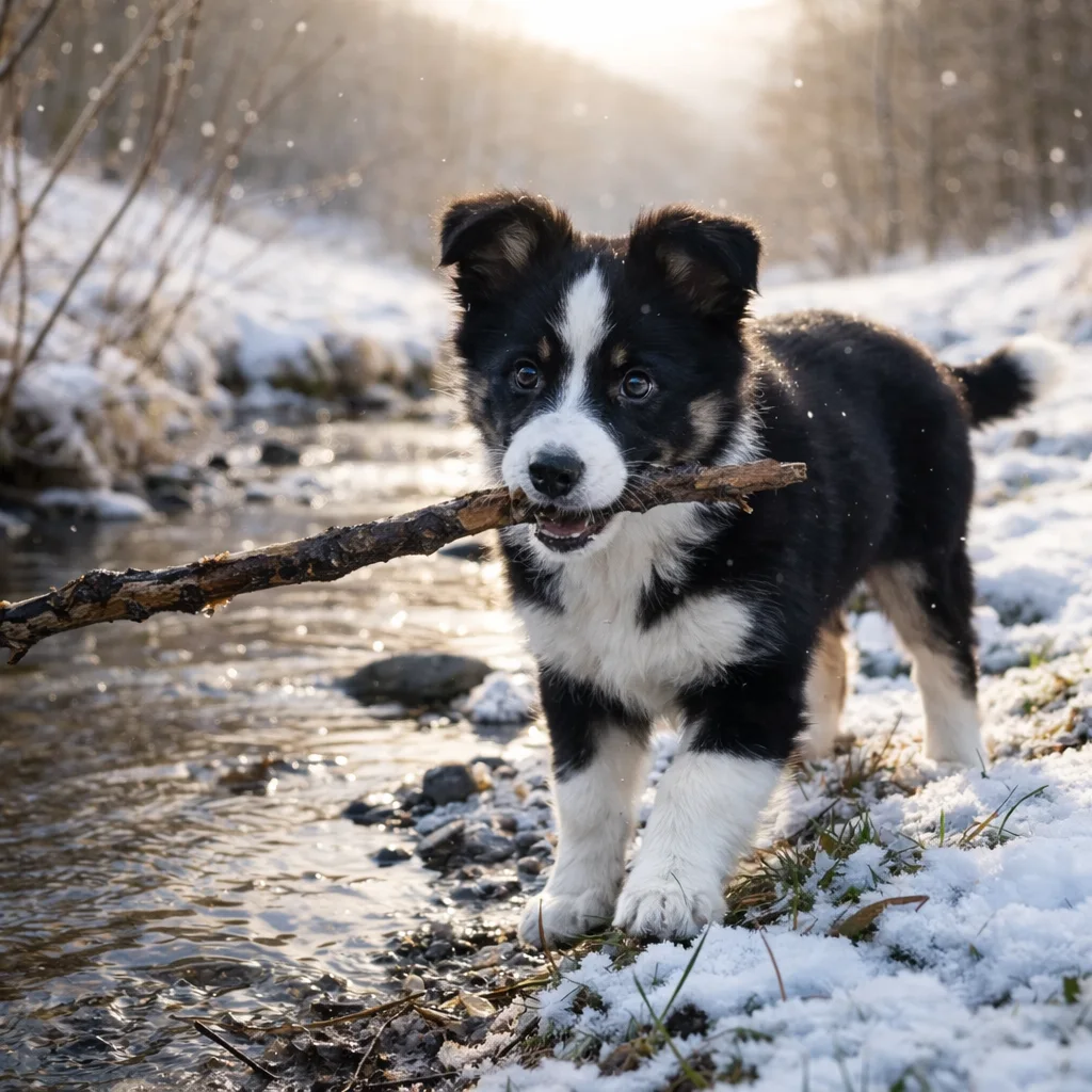 Border Collie Welpe Caldena – Neugier am winterlichen Bachufer