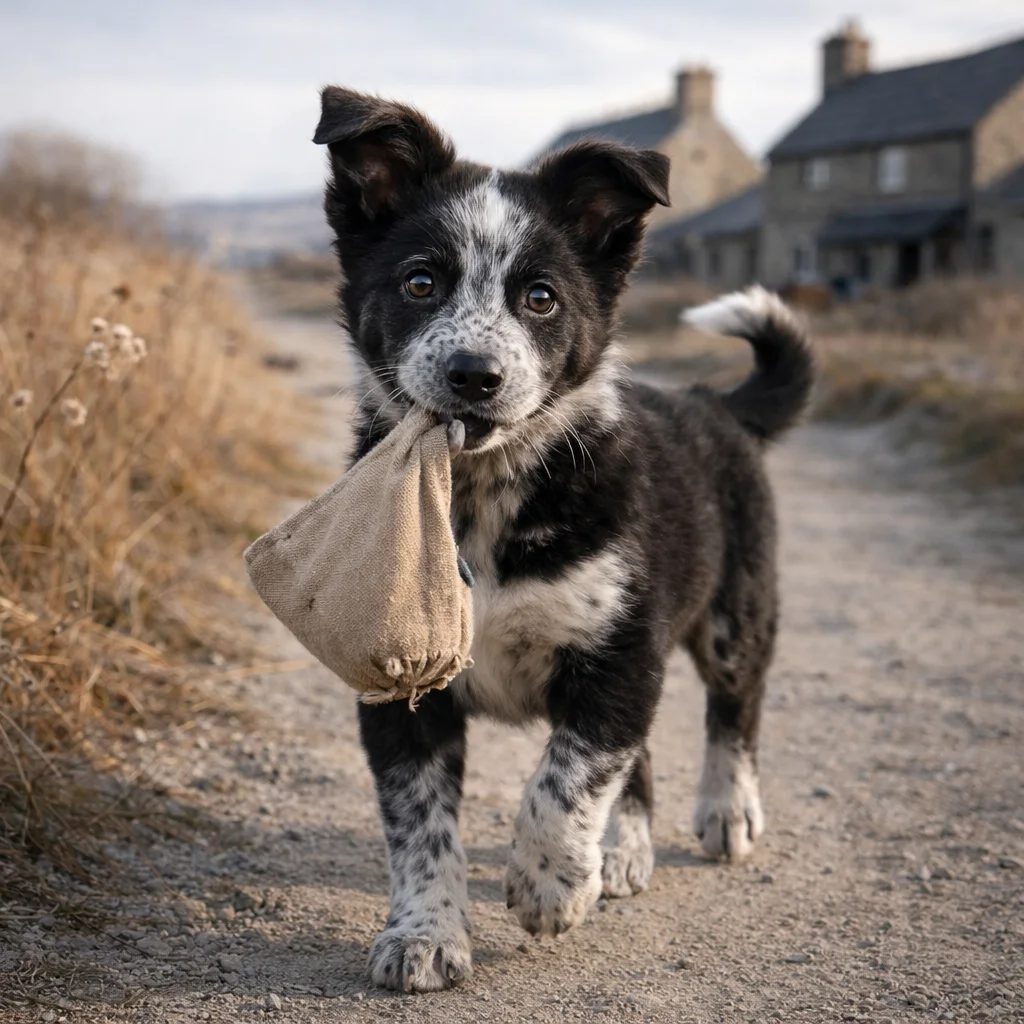 Border Collie Welpe Paxley – Der kleine Stoffbeutel im Wind