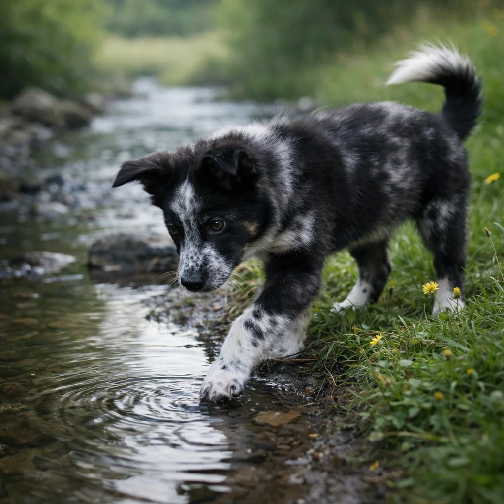 Border Collie Welpe Paxley – Pfützenfreude am Bachufer