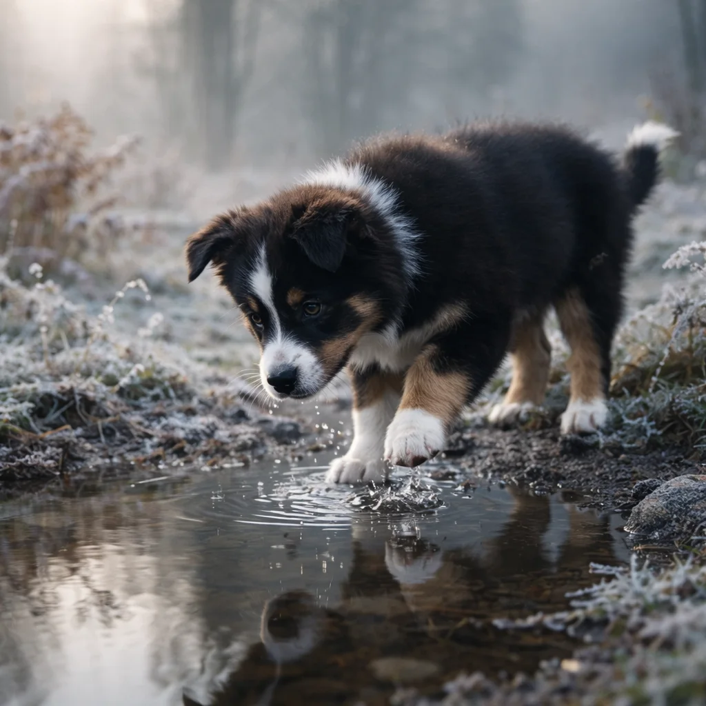 Border Collie Welpe Saphino – Funkelndes Nass im Morgennebel