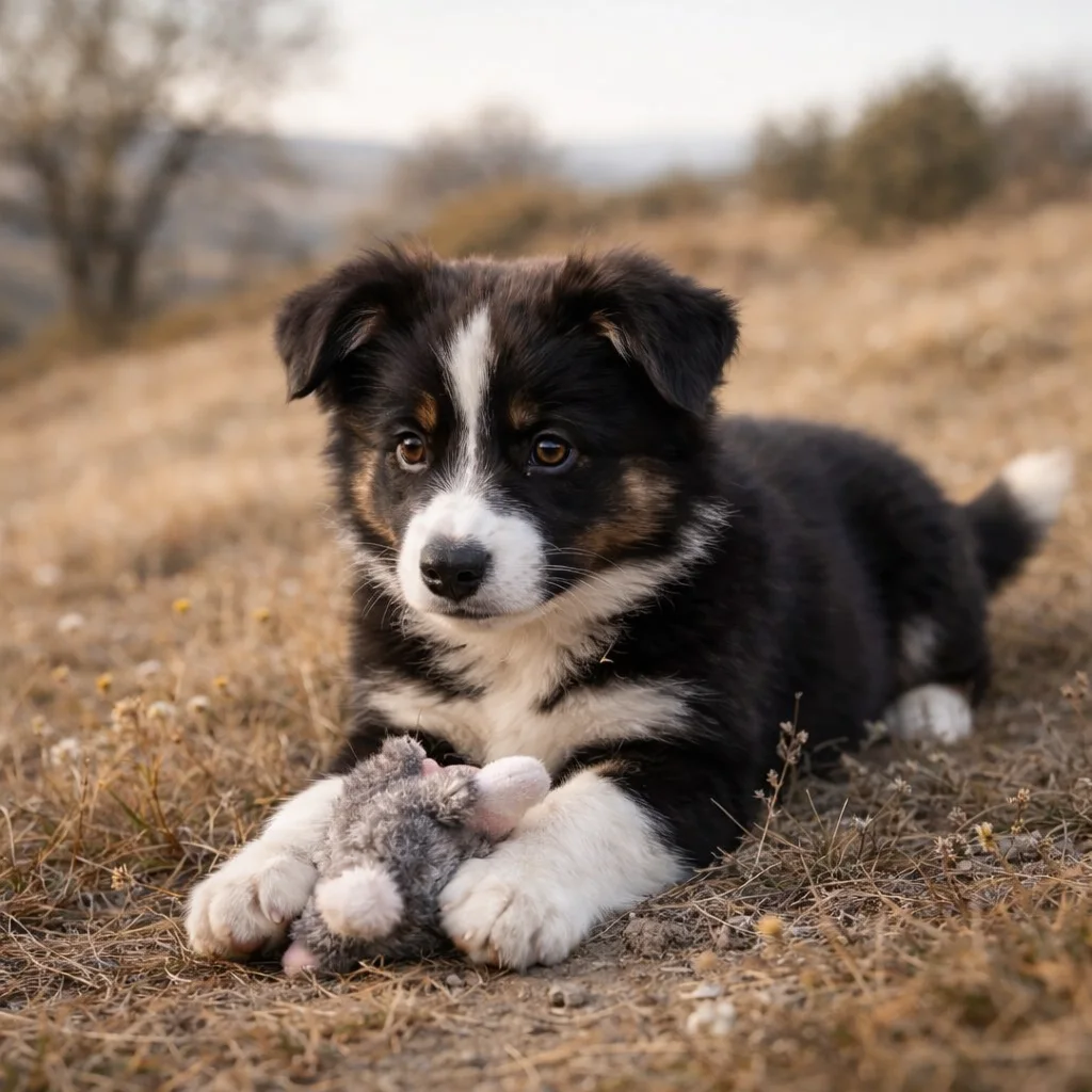 Border Collie Welpe Saphino – Leises Knabbern auf der sanften Hügelfläche