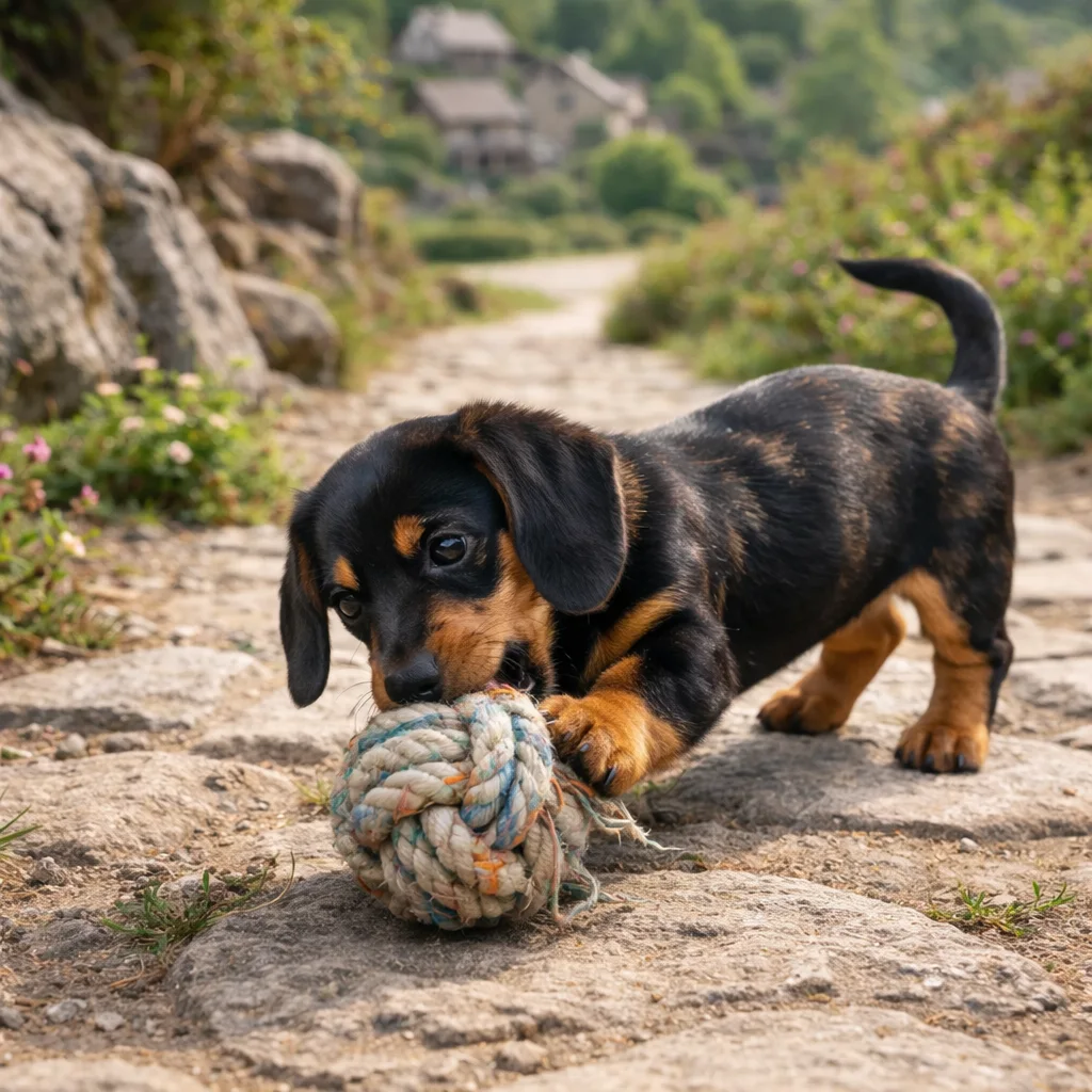 Dackel Welpe Cedrello – Geflochtener Ball und flinke Pfoten