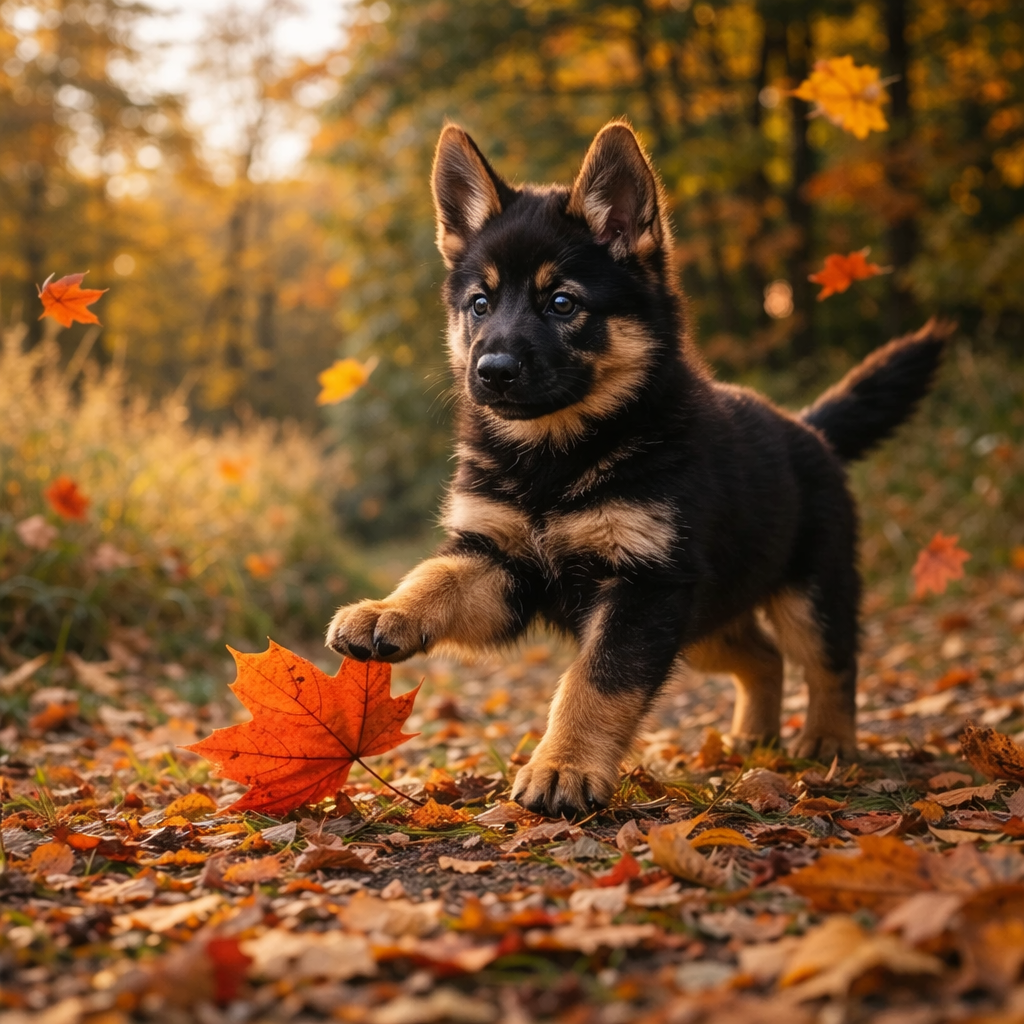 Deutscher Schäferhund Welpe Calyra – Tanzende Blätter im Sonnenlicht