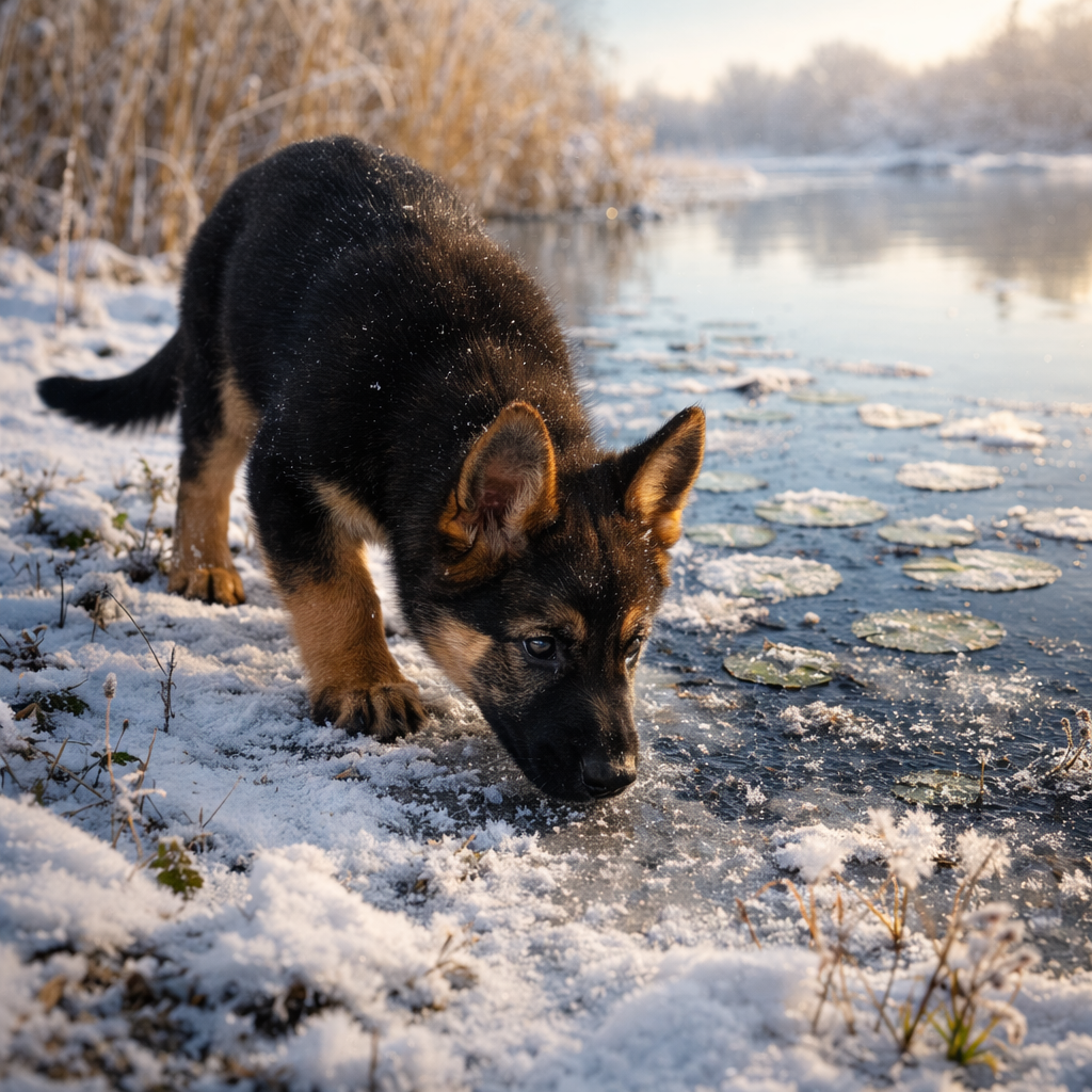 Deutscher Schäferhund Welpe Saphir – Spurensuche am stillen Teichufer