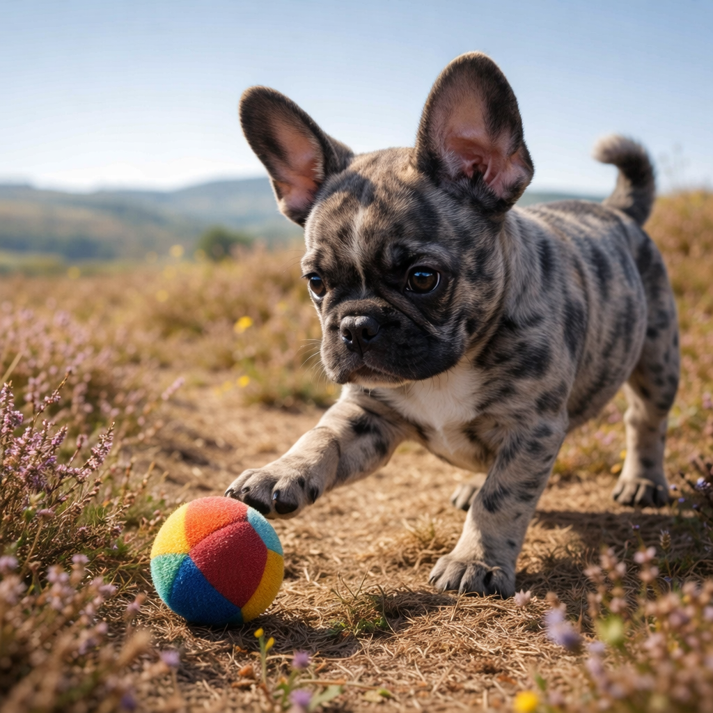 Französische Bulldogge Welpe Pivara – Kullernder Ball im Sommerlicht