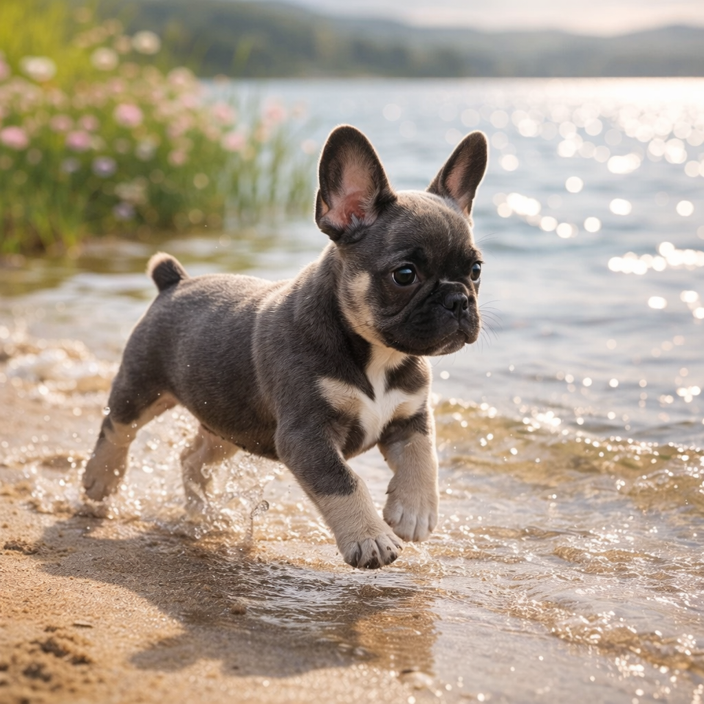 Französische Bulldogge Welpe Saphirio Keks – Keks und die tanzenden Wellen am Ufer