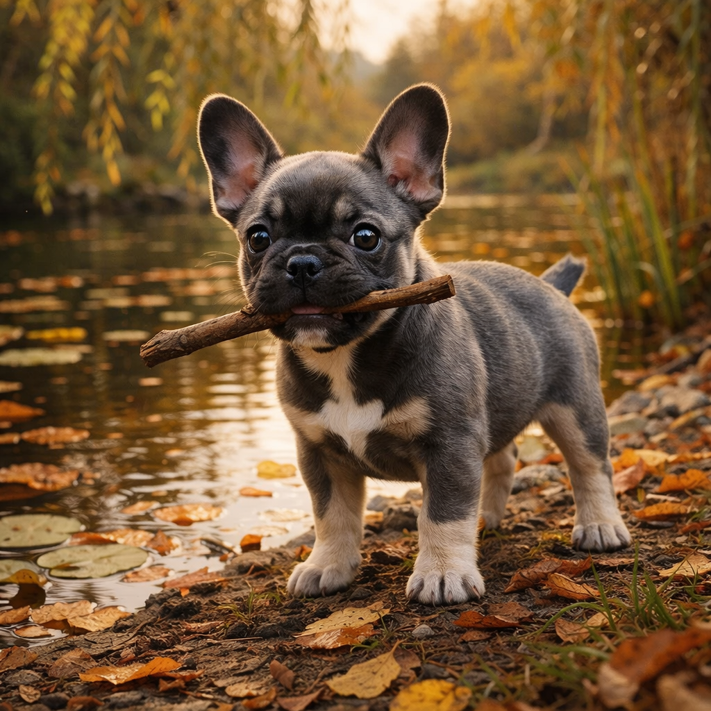 Französische Bulldogge Welpe Saphirio Keks – Stöckchenfreuden am stillen Ufer
