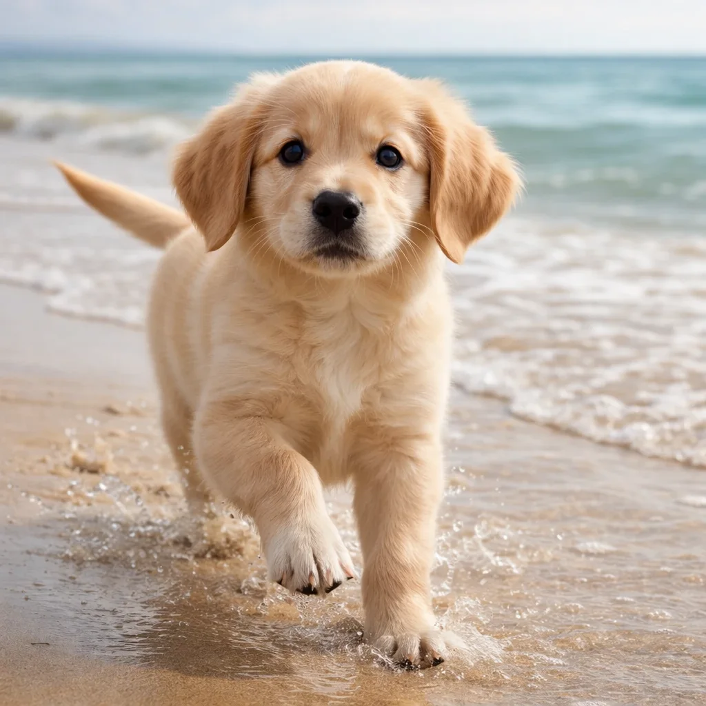 Golden Retriever Welpe Finlo – Spritziger Strandlauf voller Freude