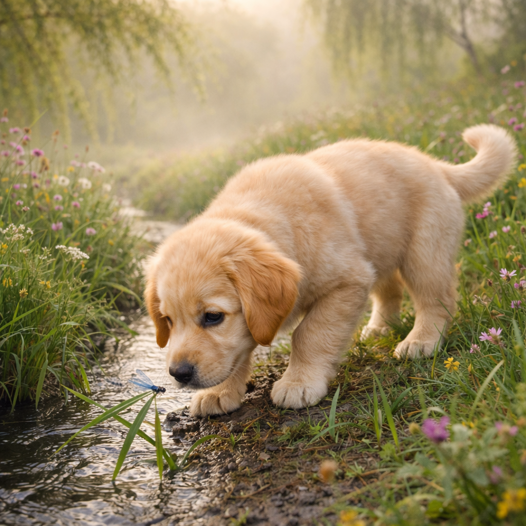 Golden Retriever Welpe Pavino – Auf Spurenjagd am stillen Bach