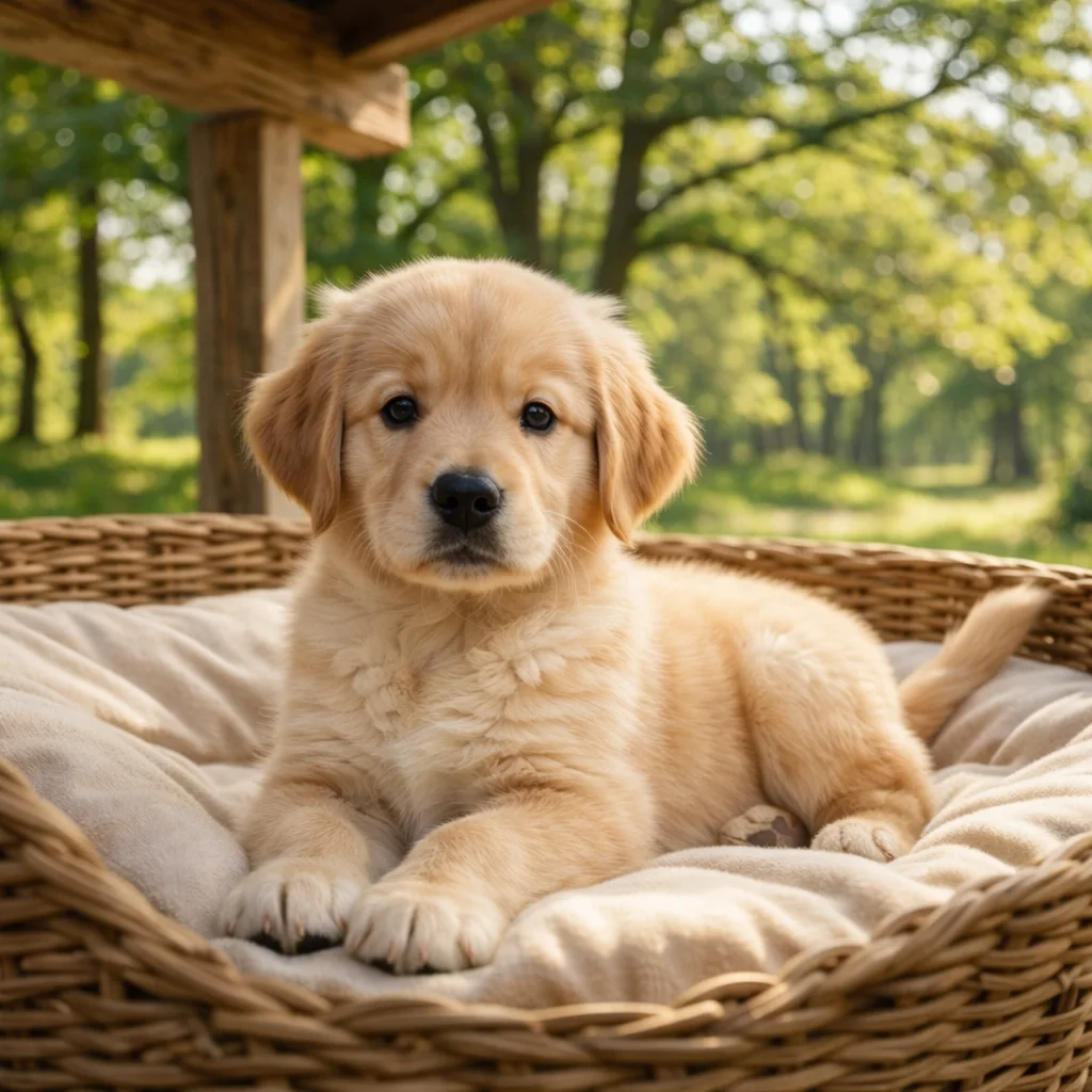 Golden Retriever Welpe Pavino – Gemütliche Ruhe im schattigen Eck