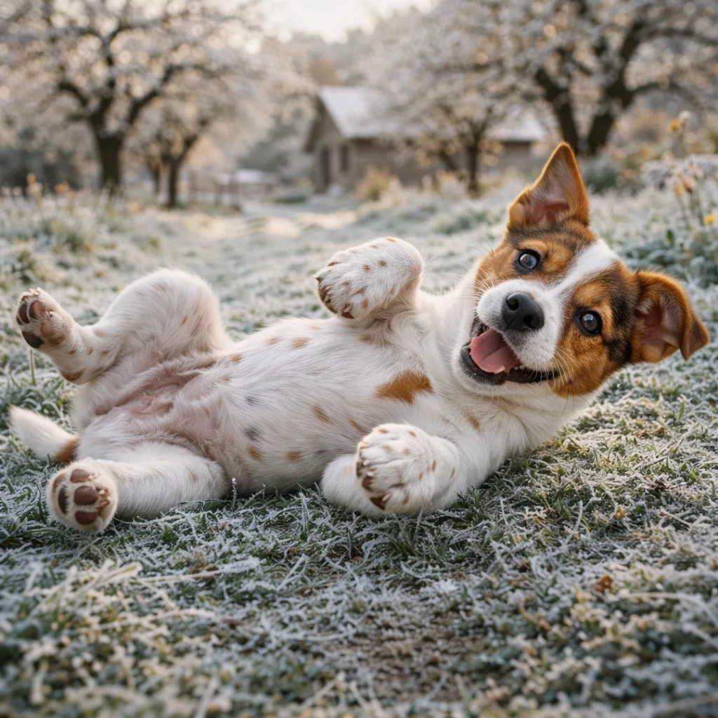 Jack Russell Terrier Welpe Tibbo – Das unerwartete Rollen im Frostgras