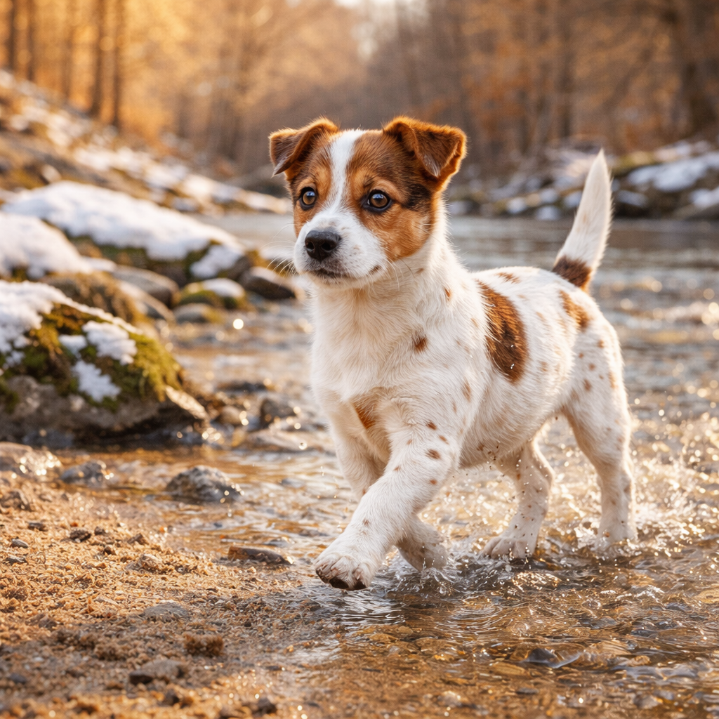 Jack Russell Terrier Welpe Tibbo – Tibbo und der warme Sand am Bachufer
