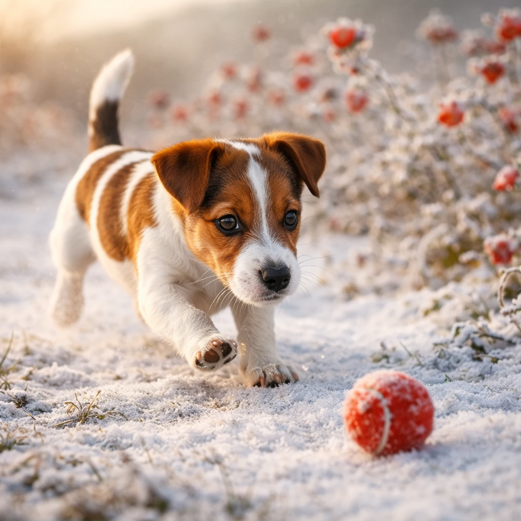 Jack Russell Terrier Welpe Xylofein – Winterspaß auf der Rosenwiese