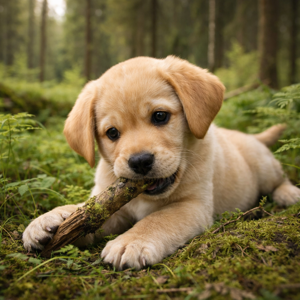 Labrador Retriever Welpe Tarian – Ein knisternder Fund im Tannenwald