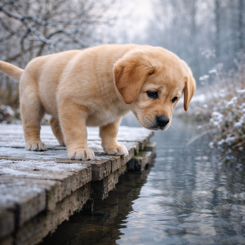 Labrador Retriever Welpe Tarian – Neugier am stillen Waldbad