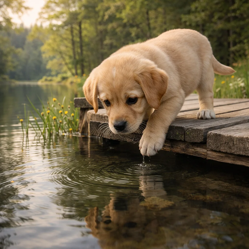 Labrador Retriever Welpe Tarian – Neugier im klaren Wasserspiegel