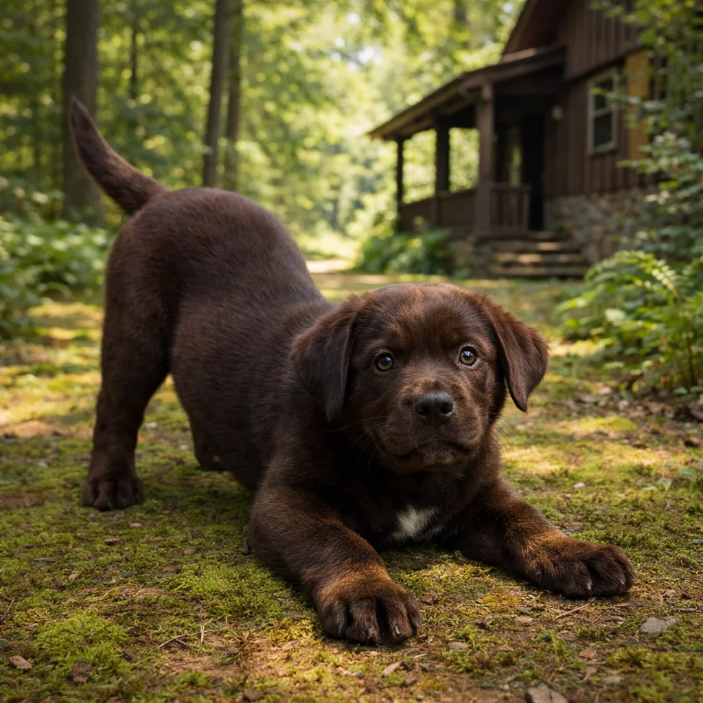 Labrador Retriever Welpe Vellaro – Das lebhafte Spiel am moosigen Pfad