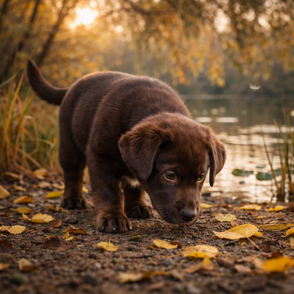 Labrador Retriever Welpe Vellaro – Spurensuche am stillen Teichufer