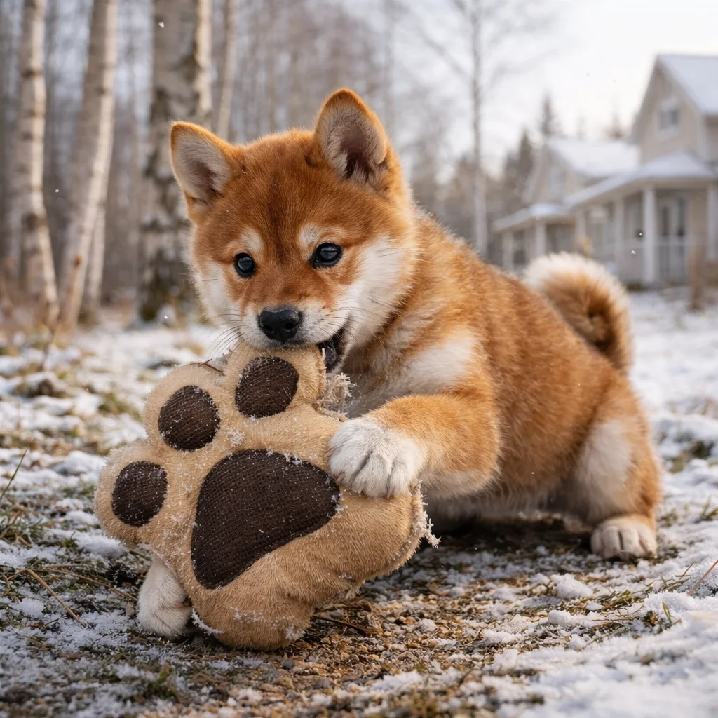 Shiba Inu Welpe Akihiro – Fröhliches Toben mit dem Pfotenkissen