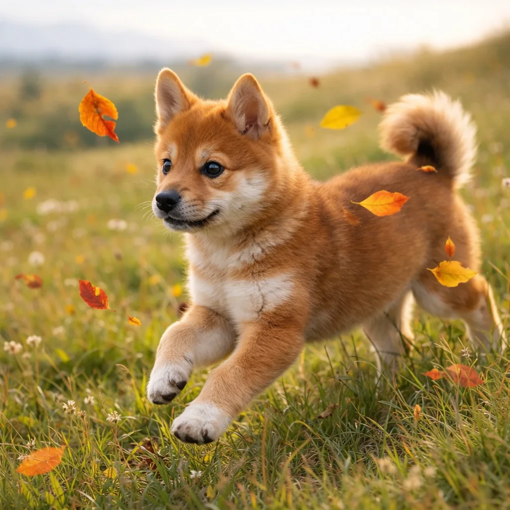 Shiba Inu Welpe Akihiro – Wirbelnde Blätter und flinke Pfoten