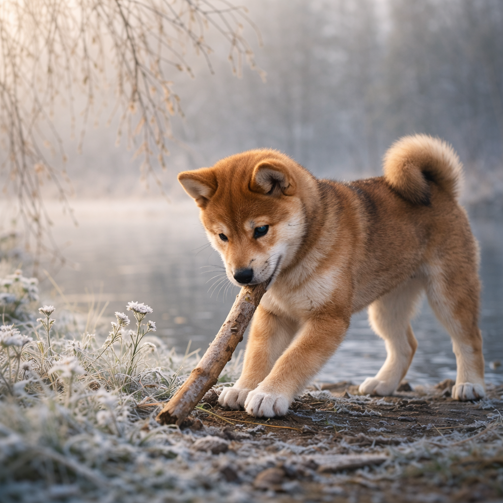 Shiba Inu Welpe Tsubaki – Das Stöckchen am stillen Ufer