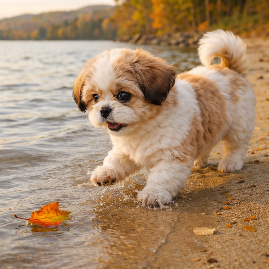 Shih Tzu Welpe Berlina – Fröhliche Spritzer am sonnigen Seeufer