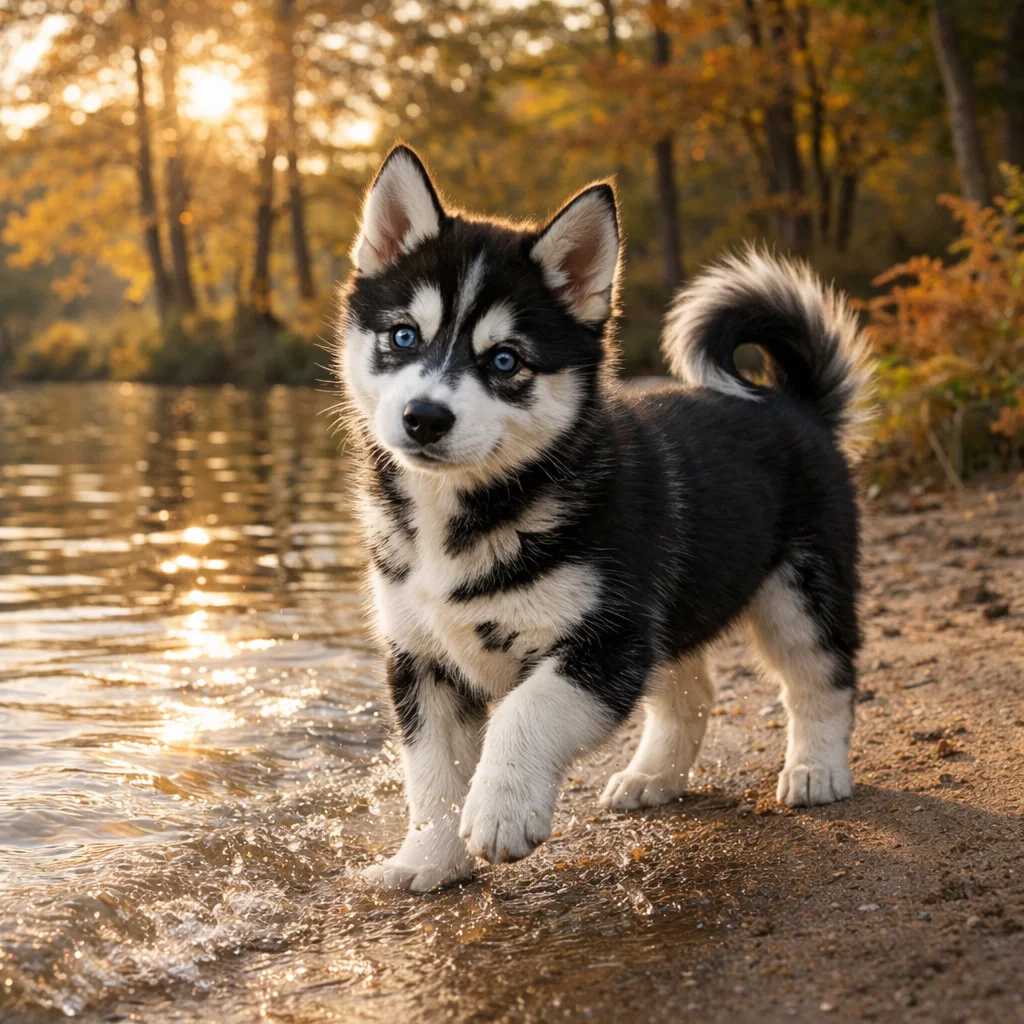 Siberian Husky Welpe Gleamore – Die flinke Spur am Wasserufer