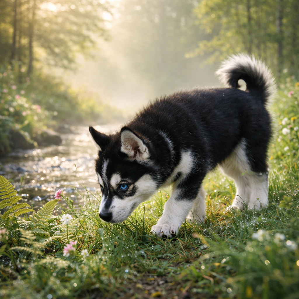 Siberian Husky Welpe Gleamore – Spurensuche im sanften Morgendunst