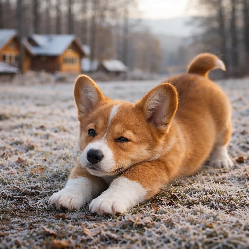 Welsh Corgi Welpe Delfryn – Langgestrecktes Gähnen am frostigen Rand