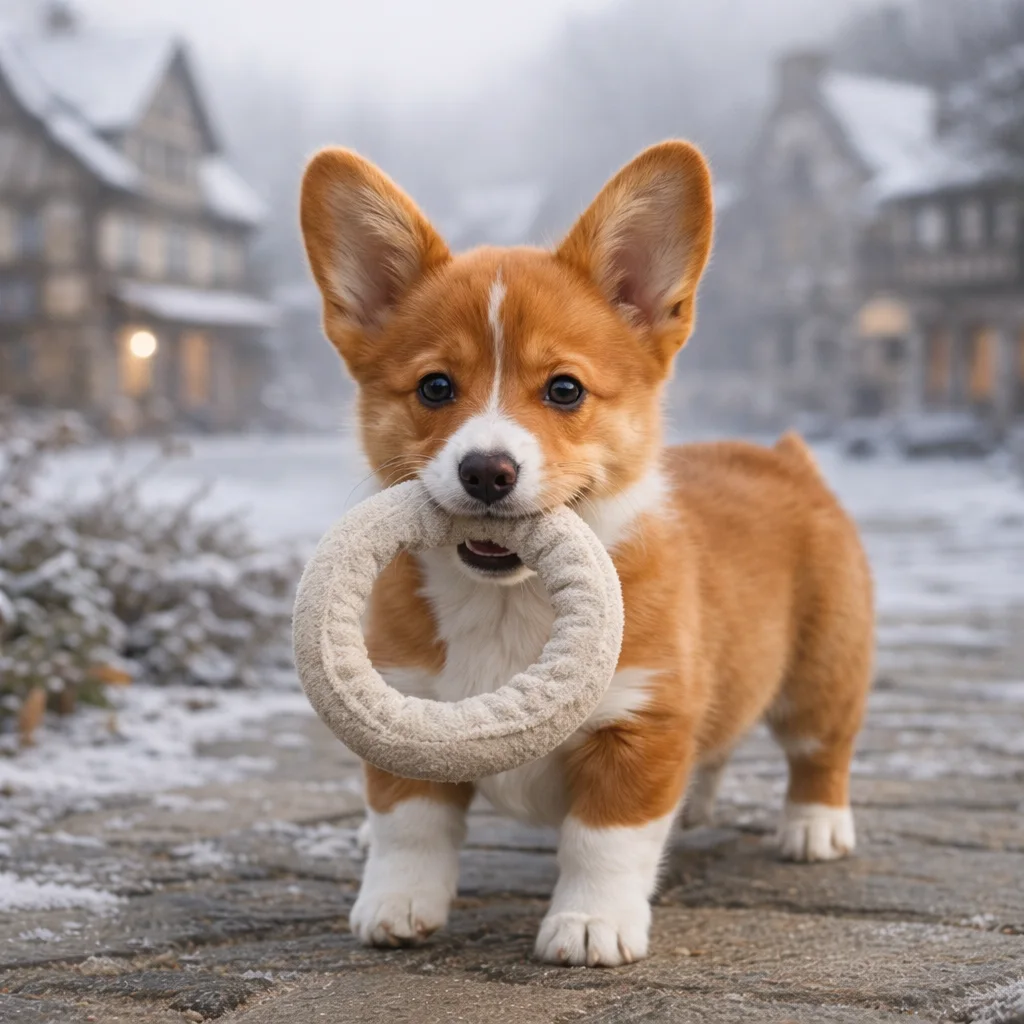 Welsh Corgi Welpe Mirelyn – Das quietschende Stoffspiel im Schnee