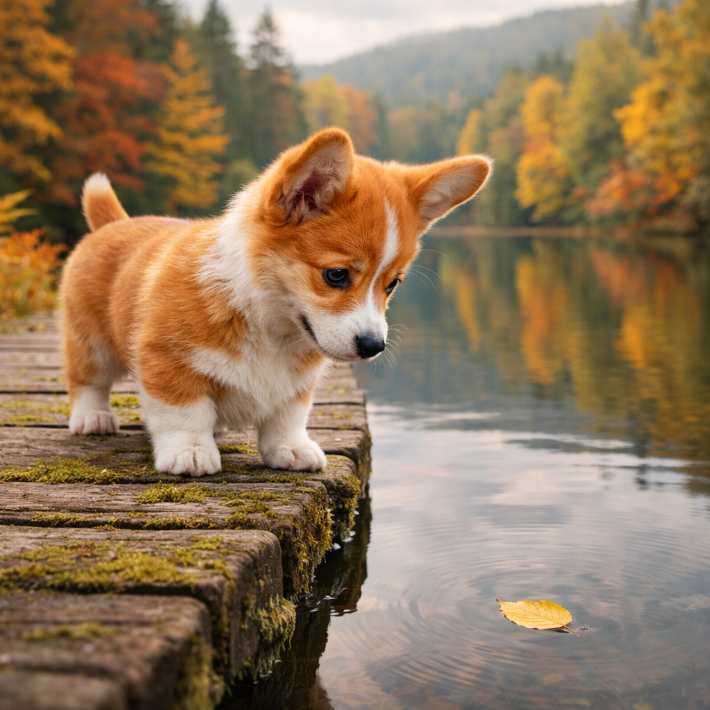 Welsh Corgi Welpe Ylvena – Neugier am stillen Waldsee
