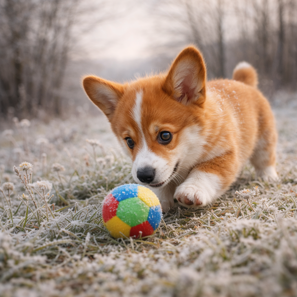 Welsh Corgi Welpe Ylvena – Rollender Spaß am verschneiten Waldrand